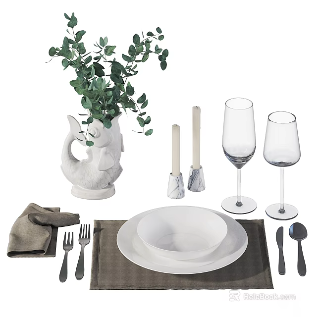 Elegant Ceramic Tea Set With White Plates Napkin Cutlery Greenery Vase And Candle Holders 3d model 