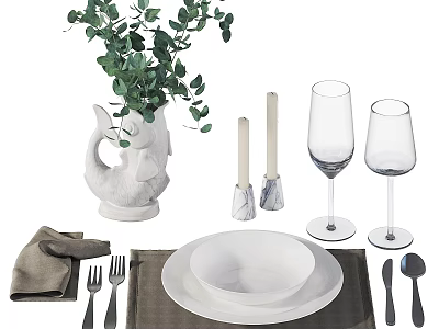 Elegant Ceramic Tea Set With White Plates Napkin Cutlery Greenery Vase And Candle Holders 3d model