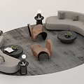Stylish Curved Light Gray Sofa And Coffee Table With Brown Chairs Green Plants And Rug