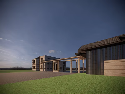 Modern Building Entrance Gate With Wooden Porch Stone Columns And Green Lawn 3d model