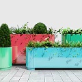 Colorful Rectangular Planters With Various Green Potted Plants In Modern Building Area 3d model