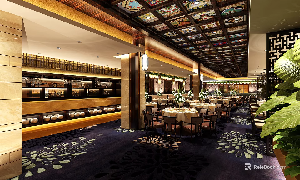 Elegant Restaurant Interior With Ornate Ceiling Wooden Tables And Floral Carpet 3d model 