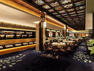 Elegant Restaurant Interior With Ornate Ceiling Wooden Tables And Floral Carpet 3d model