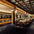 Elegant Restaurant Interior With Ornate Ceiling Wooden Tables And Floral Carpet