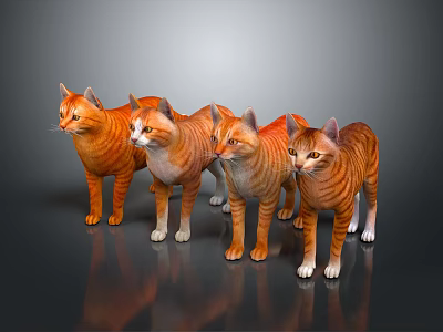 Five Orange Striped Reptiles Standing On Grey Background With Reflections 3d model