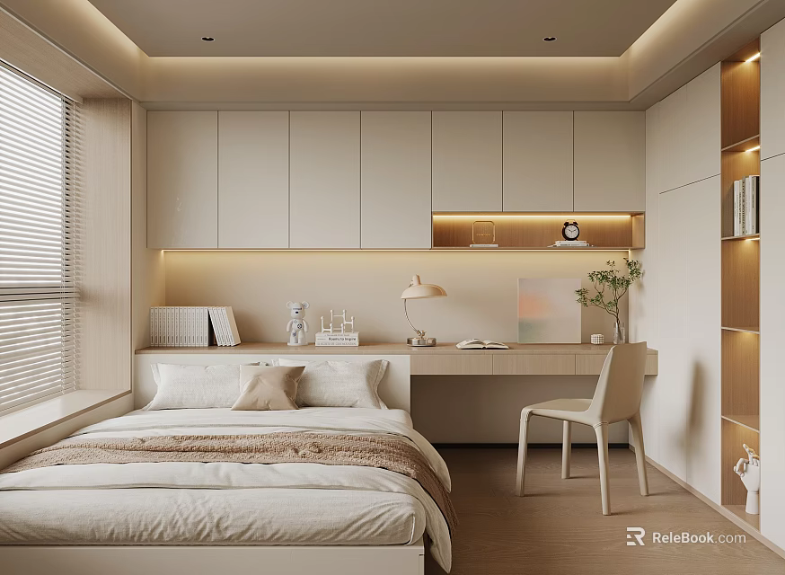 Modern Tatami Bedroom Interior With Tatami Bed White Bedding Desk Chair And Storage Shelves 3d model 