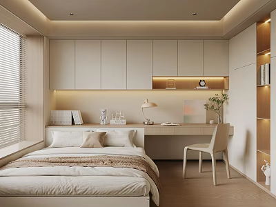 Modern Tatami Bedroom Interior With Tatami Bed White Bedding Desk Chair And Storage Shelves 3d model