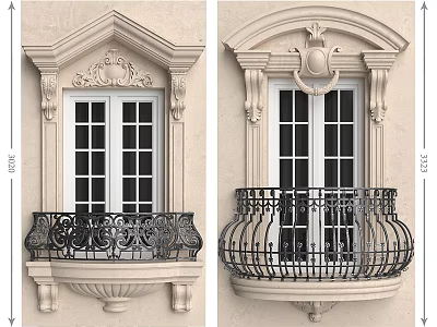 Classical Window Components Featuring Ornate Frames Carved Details And Wrought Iron Balcony Railings 3d model