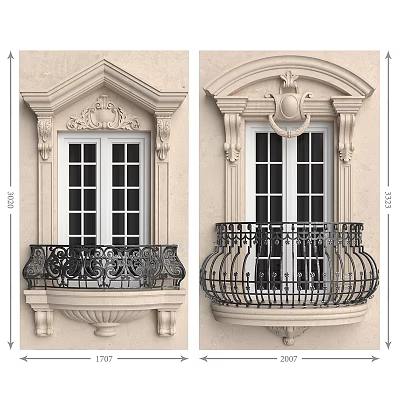 Classical Window Components Featuring Ornate Frames Carved Details And Wrought Iron Balcony Railings 3d model