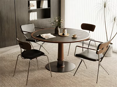Round Negotiation Table and Chairs with Dark Wooden Surface Black Metal Legs Modern Design 3d model
