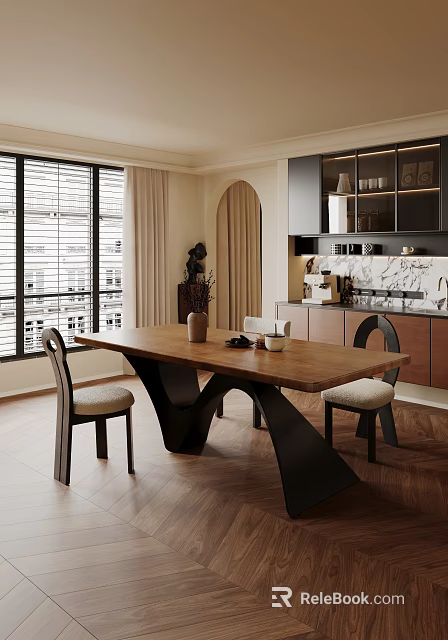 Vintage Solid Wood Dining Table Set With Stylish Upholstered Chairs For Bright Cozy Dining Room 3d model 