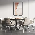 Modern Round Dining Table Set with Light Grey Quilted Chairs and Abstract Wall Art 3d model