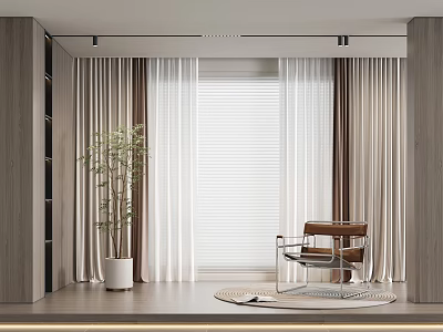 Modern Curtains In Living Room With Blinds Plant And Accent Chair 3d model