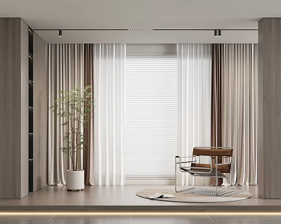 Modern Curtains In Living Room With Blinds Plant And Accent Chair 3d model