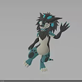 3D Fantasy Creature Character With Blue Black Fur White Belly And Waving Pose