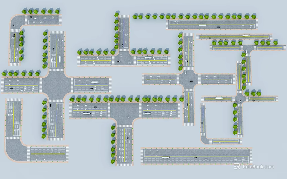 Comprehensive Road Infrastructure Layout With Intersections Lanes Parking Lots And Green Belts 3d model