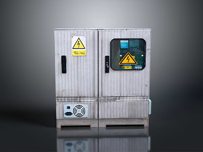 Computer Server Cabinet With Silver Metal Double Doors Glass Window Warning Signs And Bottom Fan 3d model