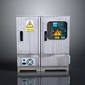 Computer Server Cabinet With Silver Metal Double Doors Glass Window Warning Signs And Bottom Fan