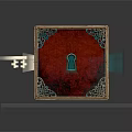 Decorative Ornament Set With Red Surface Gold Border Intricate Patterns Keyhole Key And Display Stand
