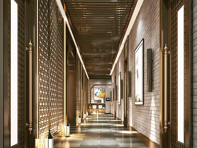 Luxurious Hotel Corridor With Wooden Ceiling Brick Walls Wall Lamps And Decorative Artwork 3d model