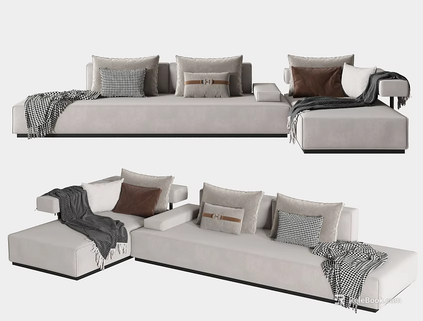 Modern Sectional Sofa With Multiple Plaid And Brown Pillows And Gray Throw Blanket 3d model