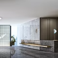 Modern Front Desk Reception Area With Marble Wall Dark Cabinets And Long Wooden Counter