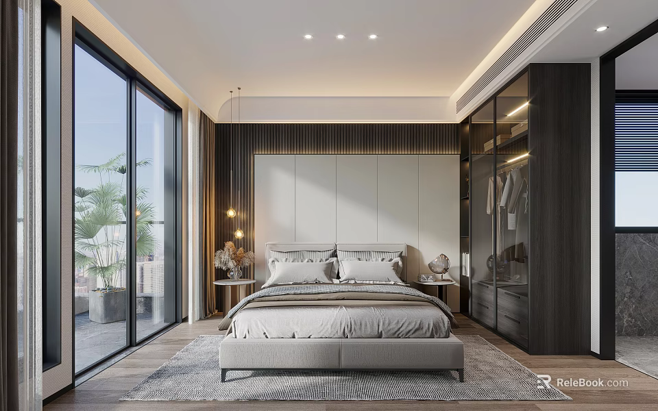 Modern Bedroom Interior Design With Large Bed Floor to Ceiling Windows Wardrobe and Rug 3d model 