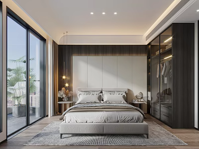 Modern Bedroom Interior Design With Large Bed Floor to Ceiling Windows Wardrobe and Rug 3d model
