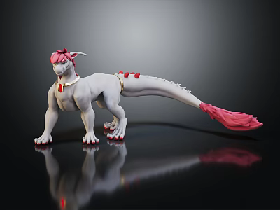 White Fantasy Creature With Pink Horns Tail Red Decorations Standing On Shiny Surface 3d model