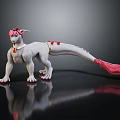 White Fantasy Creature With Pink Horns Tail Red Decorations Standing On Shiny Surface