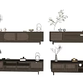 Modern Wooden TV Stand with Woven Doors Storage Drawers Shelves and Decorative Plants