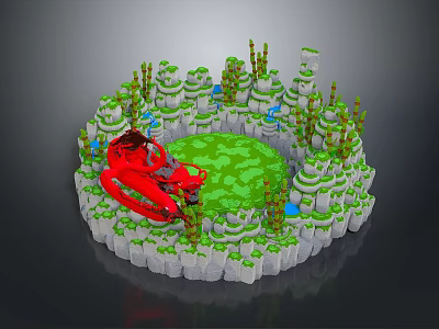 Circular Landscape With Green Grass White Stone Walls Green Plants Blue Water And Red Vehicle 3d model