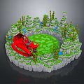 Circular Landscape With Green Grass White Stone Walls Green Plants Blue Water And Red Vehicle