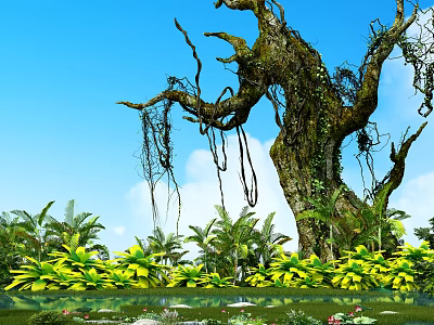 Ancient Tall Tree With Hanging Vines Surrounded By Lush Vegetation And Pond Under Blue Sky 3d model