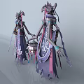 Game Fantasy Character With Elaborate Purple Pink Costumes Flowing Ribbons And Lantern Accessory