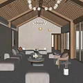 Bright Wooden Ceiling Living Room With Chandelier Sofa And Floor To Ceiling Windows
