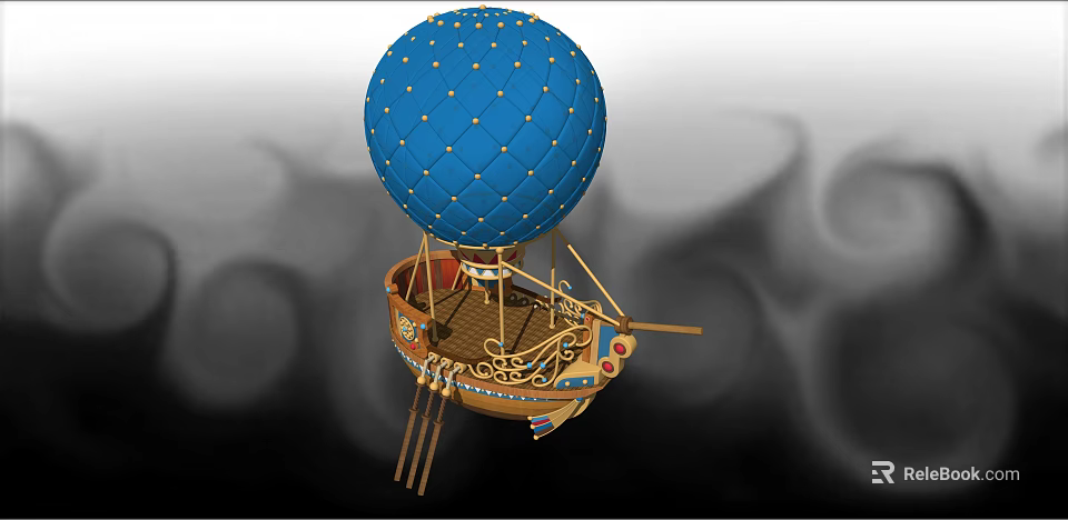 Blue Hot Air Balloon With Gold Accents And Decorative Boat Shaped Basket 3d model 