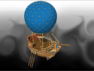 Blue Hot Air Balloon With Gold Accents And Decorative Boat Shaped Basket 3d model
