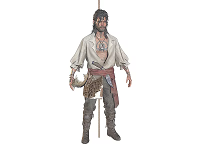 Scruffy Adventurer Character With Wild Animal Claw Accessory And Leather Fur Outfit 3d model