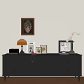 Dark Wood TV Stand with Drawers Table Lamp Photo Frames Vase and Wall Art
