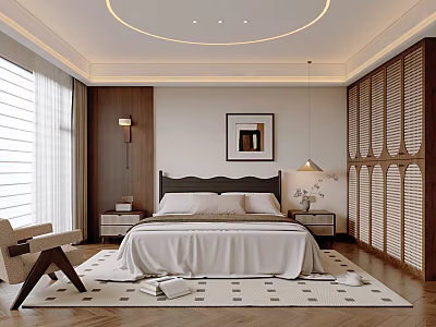 Modern Bedroom Interior With Wooden Accents Bed Nightstands Area Rug And Pendant Light 3d model