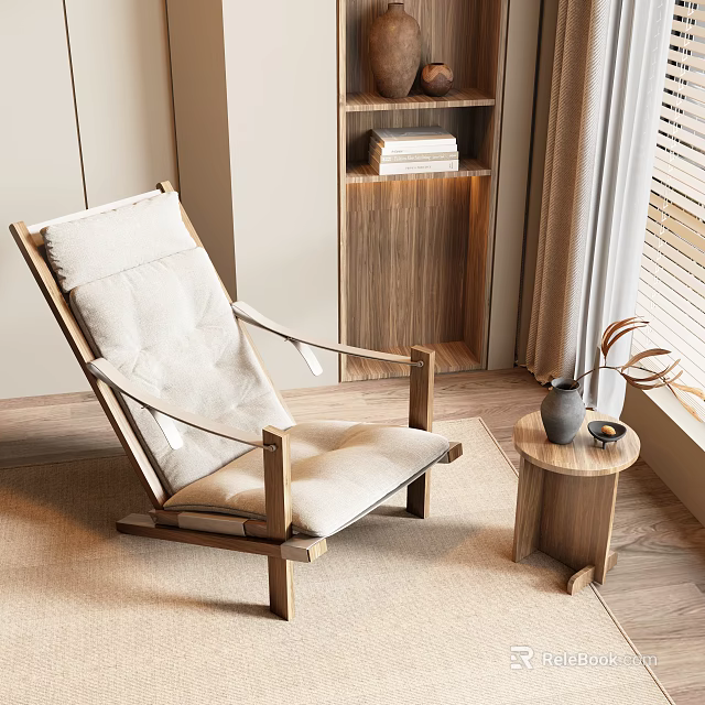Comfortable Wooden Frame Leisure Chair With Beige Upholstered Cushion And Side Table 3d model 