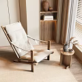 Comfortable Wooden Frame Leisure Chair With Beige Upholstered Cushion And Side Table