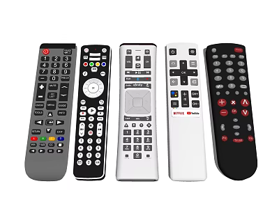 Different Electronic Remote Controls With Various Designs Colors And Button Layouts 3d model