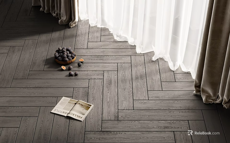 Dark Gray Herringbone Wood Flooring With White Curtains Bowl Of Fruits And Magazine 3d model 