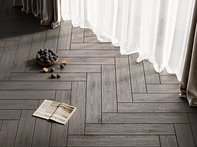 Dark Gray Herringbone Wood Flooring With White Curtains Bowl Of Fruits And Magazine 3d model