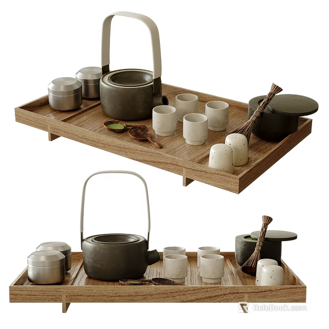 Ceramic Tea Set With Teapot Cups And Caddy On Wooden Tray For Home Tea Time 3d model 