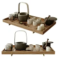 Ceramic Tea Set With Teapot Cups And Caddy On Wooden Tray For Home Tea Time