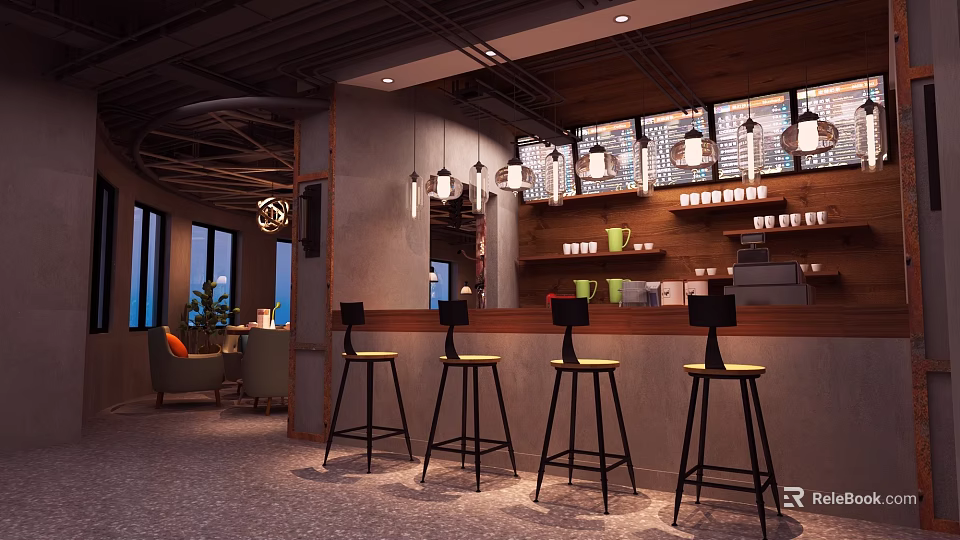 Modern Restaurant Interior With Bar Counter High Stools Pendant Lights Shelves And Green Plants 3d model 