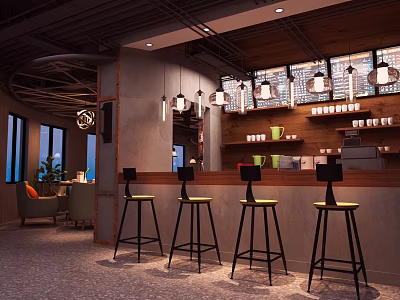 Modern Restaurant Interior With Bar Counter High Stools Pendant Lights Shelves And Green Plants 3d model